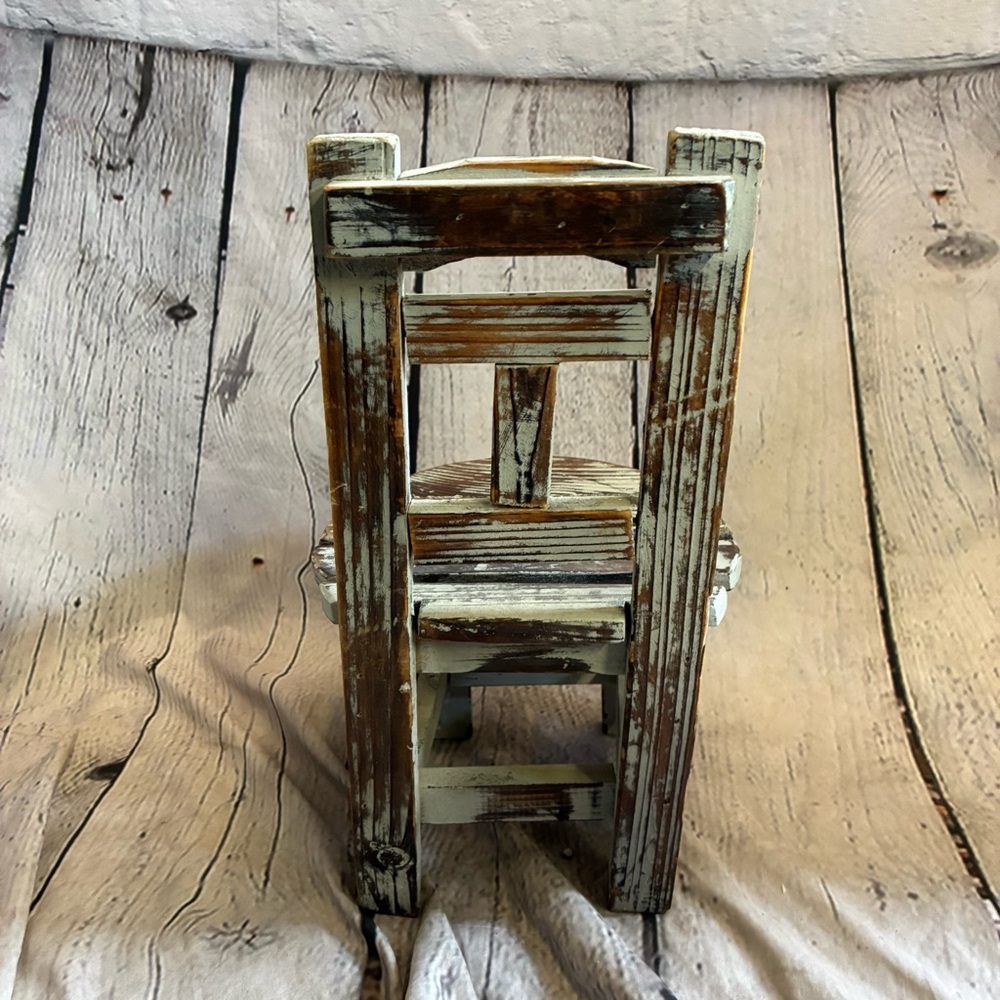Small Mini Distressed Wooden Rustic Farmhousr Doll Teddy Bear Tiered Chair 13” - Picture 4 of 7